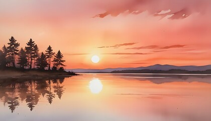 Fototapeta premium Silhouette of woman and child walking on path by lake with colorful dreamlike landscape background