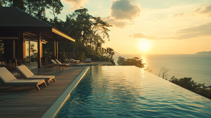 Fototapeta premium Modern Luxury Villa with Infinity Pool Overlooking the Ocean.Golden hour.