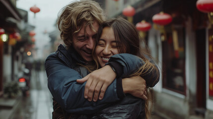 Joyful interracial couple embracing on the beach at sunset.