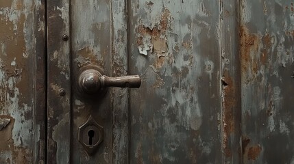 Weathered metal door with peeling paint and an antique handle, showcasing rust and character, capturing the essence of age and historical charm.