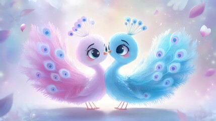Obraz premium Two cute cartoon baby peacocks in pink and blue stand facing each other with soft feathers for sweet Valentines Day or love-themed marketing.