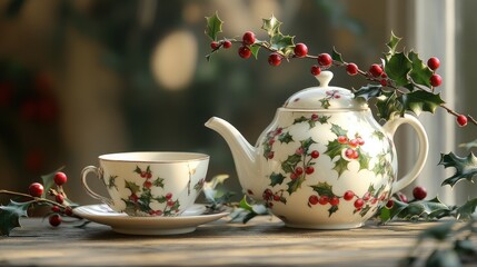 Fototapeta premium Holly branch adorned with vibrant leaves and red berries next to a delicate porcelain teapot and cup, creating an inviting herbal tea setting on a rustic wooden table.