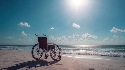 Fototapeta premium A lonely wheelchair sits on a serene beach under a bright sun, symbolizing freedom, hope, and the connection between nature and mobility.