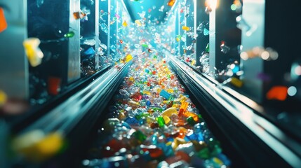 Conveyor belt in a recycling facility showcasing colorful plastic waste sorting for efficient processing and sustainability efforts.