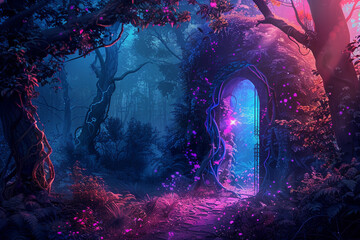 Fantastically door in wild forest leading to deep unknown
