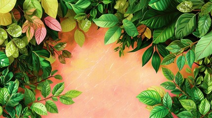 Obraz premium Vibrant green leaves surrounding warm peach background nature digital art serene atmosphere