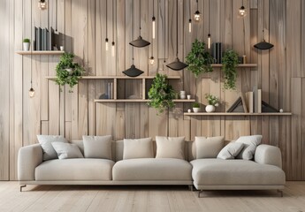 A cozy living room with a gray sofa. wooden floor. a bookshelf filled with books. and a potted plant in the corner