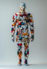 a human figure composed entirely of various colorful pills and capsules, symbolizing the concept of medication dependency, overconsumption, or the role of pharmaceuticals in modern healthcare