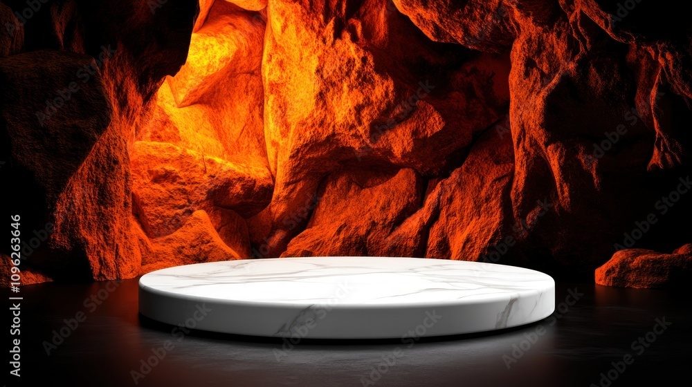 Poster cinematic display of a white marble platform in a fiery cave setting 3d render dramatic lighting