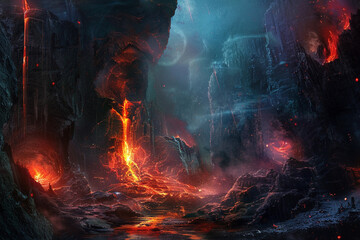 Fototapeta premium Scary sinister devil is in hell with dramatic fire lighting