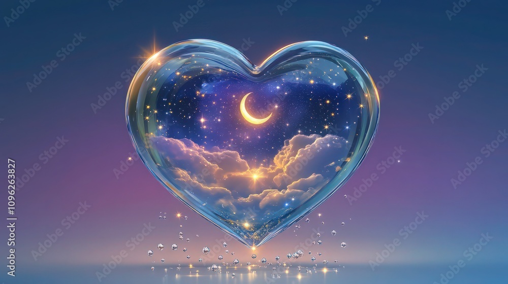 Aufkleber a heart-shaped crystal glass object floating against a twilight gradient background of deep blue and