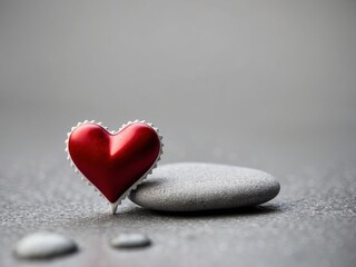 decorative red and white heart on gray sea pebble background.