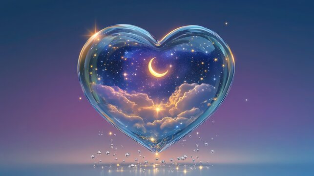 Luminous heart shape enclosing a dreamy night sky with clouds and crescent moon provides romantic holiday advertising copy space.