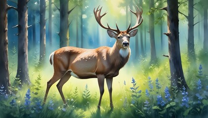 Watercolor painting of majestic male deer with antlers in lush forest with wildflowers