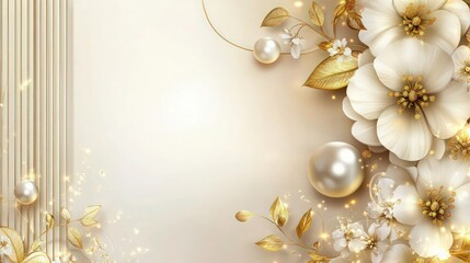 A luxurious design with a soft champagne background, showcasing a floral arrangement of white and gold blossoms on the right side. 