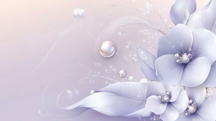 A luxurious, ethereal design with large, stylized lavender flowers positioned on the right side, complemented by pale pink and white gradient leaves. 