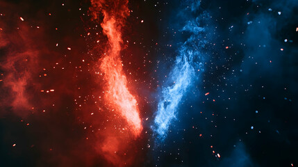 Red and blue fire effect on black background with sparks