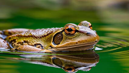 Close-up frog in pond with glistening orange eyes and mossy hues.