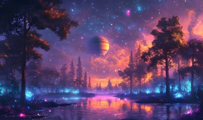 A fantastical forest with bioluminescent plants and creatures under a sky dominated by Saturn