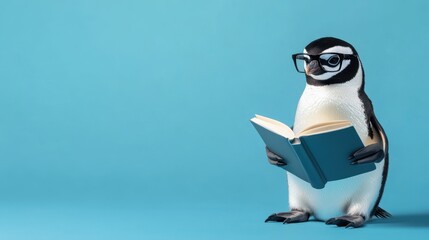 Penguin Wearing Glasses Reading a Book Against Blue Background