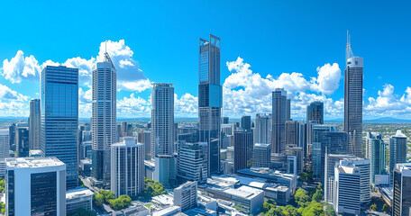 Modern Skyline with High-Rise Office Buildings under Blue Sky