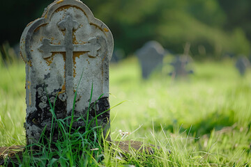 Fantastically mysterious cemetery with tombstones and scary atmosphere
