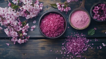 Natural dyes in bowls and pink spa salts arranged on a rustic wooden surface with blooming cherry blossom branches for a beauty and wellness theme.