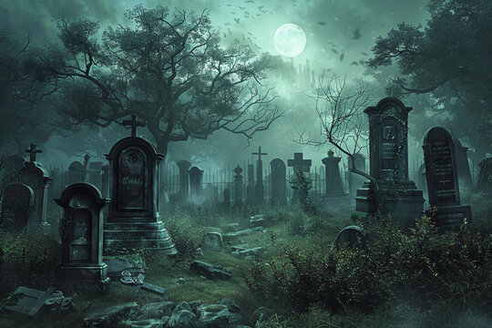 Fantastically mysterious cemetery with tombstones and terribly atmosphere