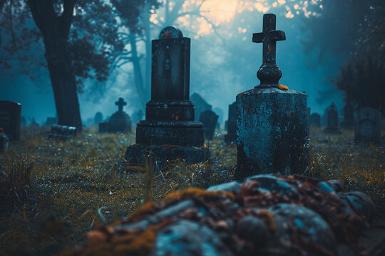 Fantastically mysterious cemetery with tombstones and terribly atmosphere
