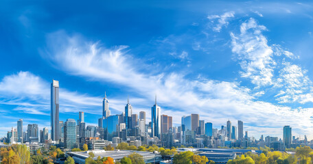 Fototapeta premium Modern Skyline with High-Rise Office Buildings under Blue Sky
