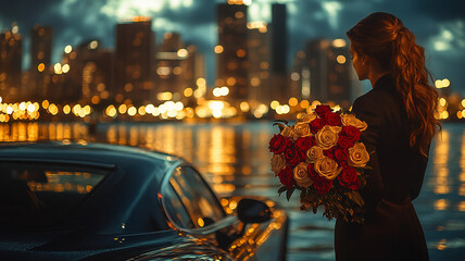 Naklejka premium Woman Holding a Bouquet of Flowers