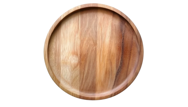 Round wooden plate isolated on transparent background. Top view.