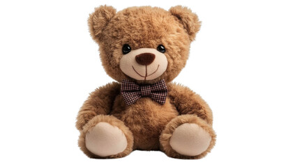 Brown teddy bear with bow tie isolated on transparent background.