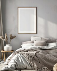 A cozy bedroom interior with a large framed canvas mockup, a bedside table with a vase of dried pampas grass, and a white lamp, ready for a design overlay