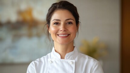 Chef smiling proudly in a white uniform, showcasing culinary expertise and artistry with a warm, inviting demeanor in a modern kitchen setting.
