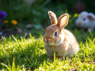 Fototapeta premium A cute brown rabbit sitting on dewy grass in a sunny green garden, basking in the warm sunlight, sunlight, furry, garden
