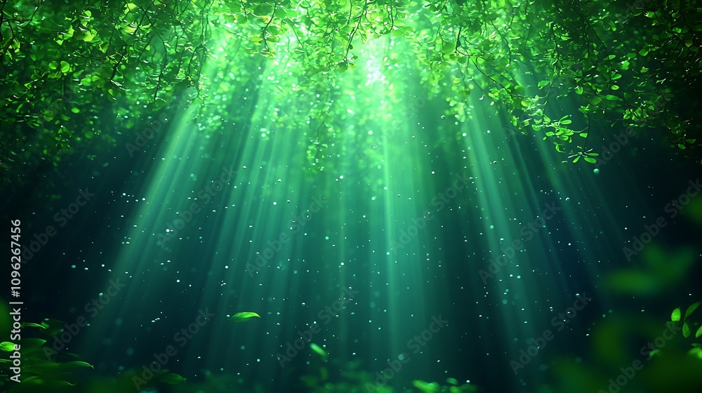 Poster enchanting sunlight filtering through lush green leaves in a serene forest, creating a magical atmos