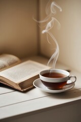 a cup of tea with a book in the interior.