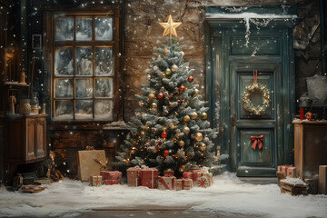 background of old New Year cards with Christmas tree and gifts