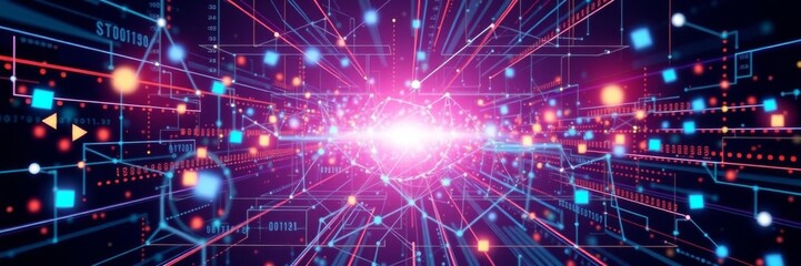 Fototapeta premium A dynamic illustration of a laser beam running through a futuristic cyberspace background, illustration, virtual, network