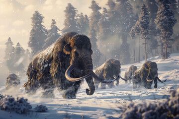 Fantastically majestic mammoth in its natural habitat with long tusks