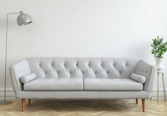Fototapeta premium A minimalist living room with a gray sofa. a potted plant. and a floor lamp on a light wood floor against a white wall