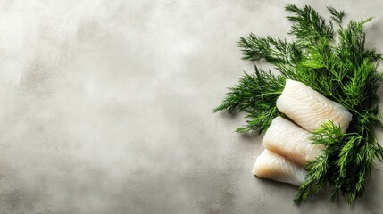 Fresh uncooked cod fillets elegantly displayed alongside vibrant sprigs of dill on a soft neutral background, showcasing their natural textures.