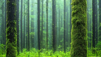 Lush Green Forest with Tall Trees and Mossy Trunks Creating a Serene and Tranquil Atmosphere in a Misty Environment Ideal for Nature Lovers and Outdoor Enthusiasts