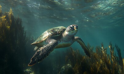 Obraz premium A serene underwater scene featuring a turtle swimming among seaweed.