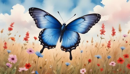 Watercolor painting of blue butterfly black wings fluttering above wildflowers under clear blue sky