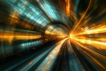 Abstract futuristic tunnel with dynamic motion blur, glowing with vibrant yellow and blue light streaks, representing high-speed travel, innovation, and modern technology
