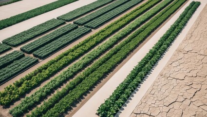 aerial view of urban agricultural cultivated area with neat rows of green plants adjacent to barren cracked surface farming concept.