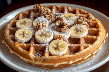 A delicious waffle topped with banana slices, walnuts, and powdered sugar.