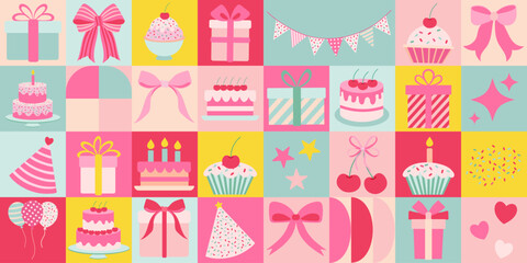 A colorful image of various party items such as cakes, cupcakes, balloons, and presents. Scene is celebratory and festive